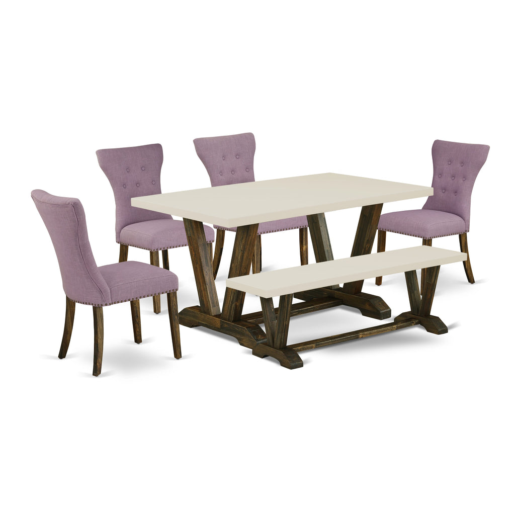 East West Furniture V726GA740-6 6 Piece Kitchen Table Set Contains a Rectangle Dining Table with V-Legs and 4 Dahlia Linen Fabric Parson Chairs with a Bench, 36x60 Inch, Multi-Color