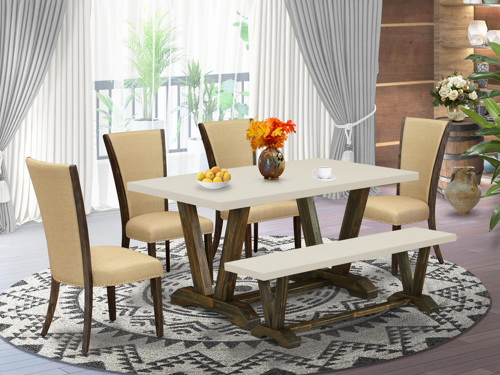 East West Furniture V726VE703-6 6 Piece Dining Table Set Contains a Rectangle Dining Room Table with V-Legs and 4 Brown Linen Fabric Parson Chairs with a Bench, 36x60 Inch, Multi-Color