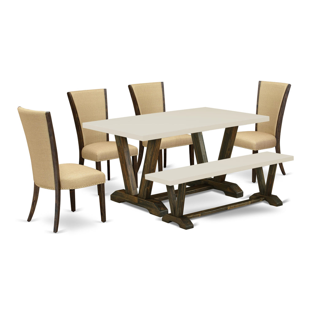 East West Furniture V726VE703-6 6 Piece Dining Table Set Contains a Rectangle Dining Room Table with V-Legs and 4 Brown Linen Fabric Parson Chairs with a Bench, 36x60 Inch, Multi-Color