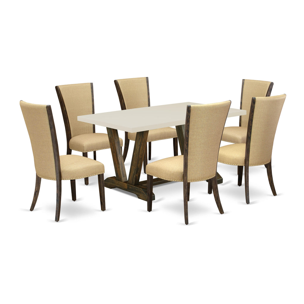 East West Furniture V726VE703-7 7 Piece Dinette Set Consist of a Rectangle Dining Room Table with V-Legs and 6 Brown Linen Fabric Upholstered Parson Chairs, 36x60 Inch, Multi-Color