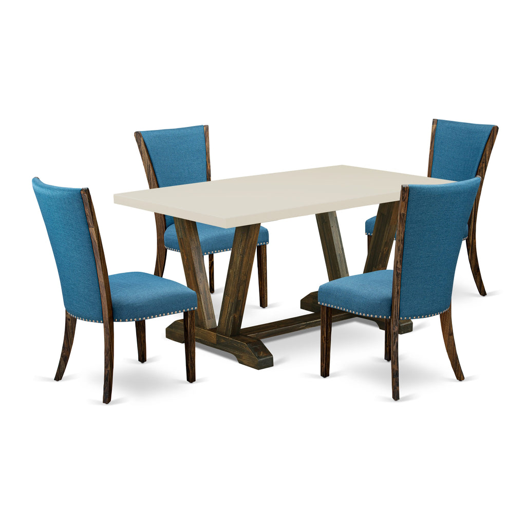 East West Furniture V726VE721-5 5 Piece Modern Dining Table Set Includes a Rectangle Wooden Table with V-Legs and 4 Blue Color Linen Fabric Parson Dining Chairs, 36x60 Inch, Multi-Color