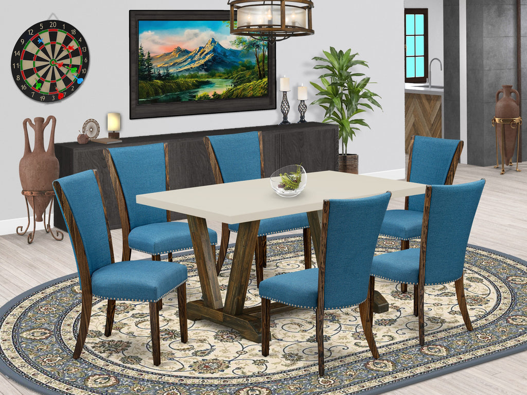 East West Furniture V726VE721-7 7 Piece Modern Dining Table Set Consist of a Rectangle Wooden Table with V-Legs and 6 Blue Color Linen Fabric Parsons Dining Chairs, 36x60 Inch, Multi-Color