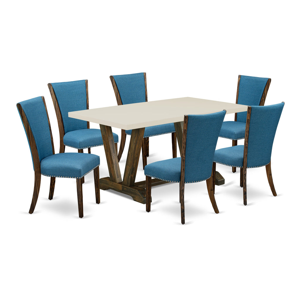 East West Furniture V726VE721-7 7 Piece Modern Dining Table Set Consist of a Rectangle Wooden Table with V-Legs and 6 Blue Color Linen Fabric Parsons Dining Chairs, 36x60 Inch, Multi-Color