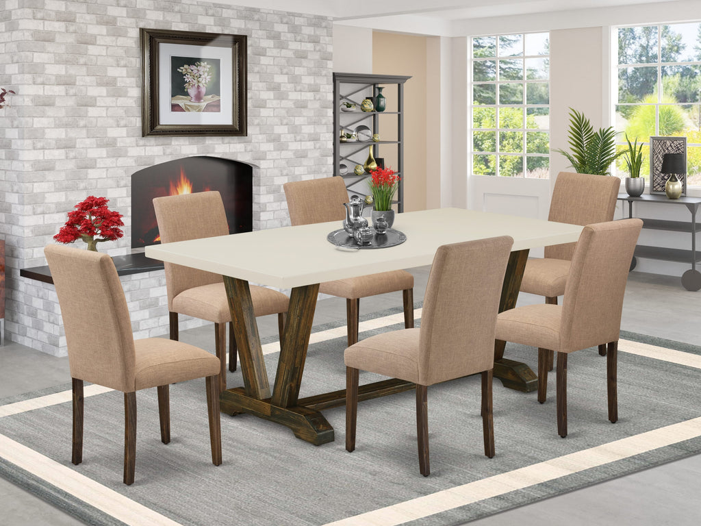 East West Furniture V727AB747-7 7 Piece Modern Dining Table Set Consist of a Rectangle Wooden Table with V-Legs and 6 Light Sable Linen Fabric Parson Dining Chairs, 40x72 Inch, Multi-Color