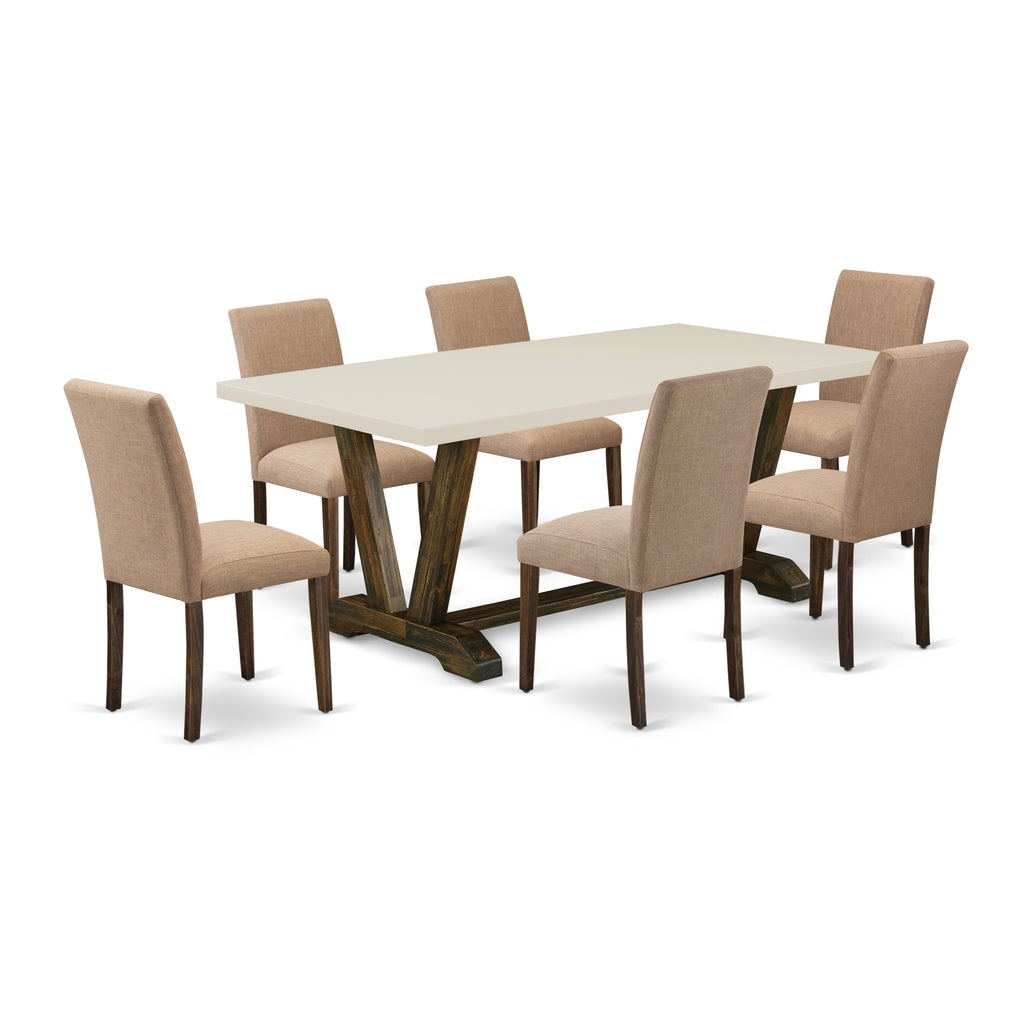 East West Furniture V727AB747-7 7 Piece Modern Dining Table Set Consist of a Rectangle Wooden Table with V-Legs and 6 Light Sable Linen Fabric Parson Dining Chairs, 40x72 Inch, Multi-Color