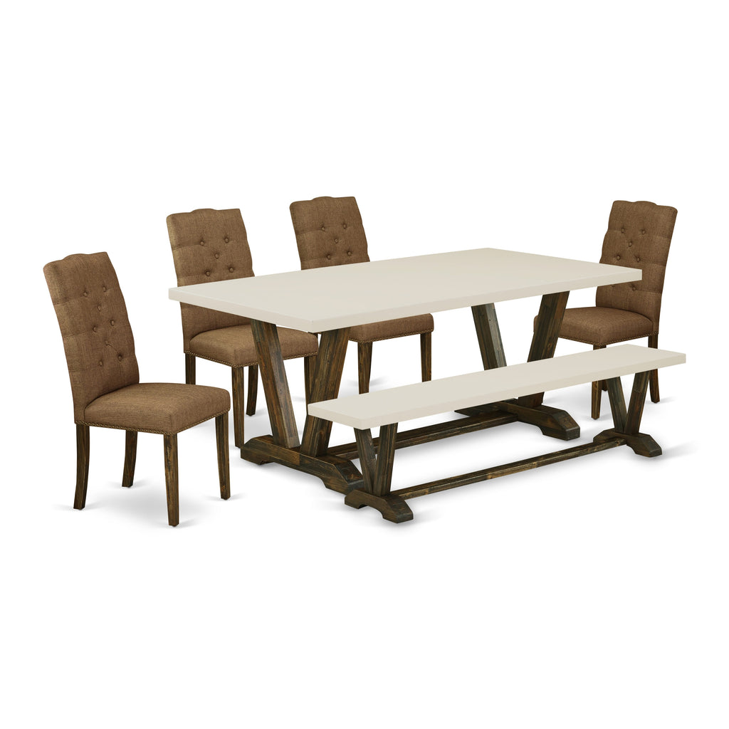 East West Furniture V727EL718-6 6 Piece Dining Table Set Contains a Rectangle Kitchen Table with V-Legs and 4 Brown Linen Linen Fabric Parson Chairs with a Bench, 40x72 Inch, Multi-Color
