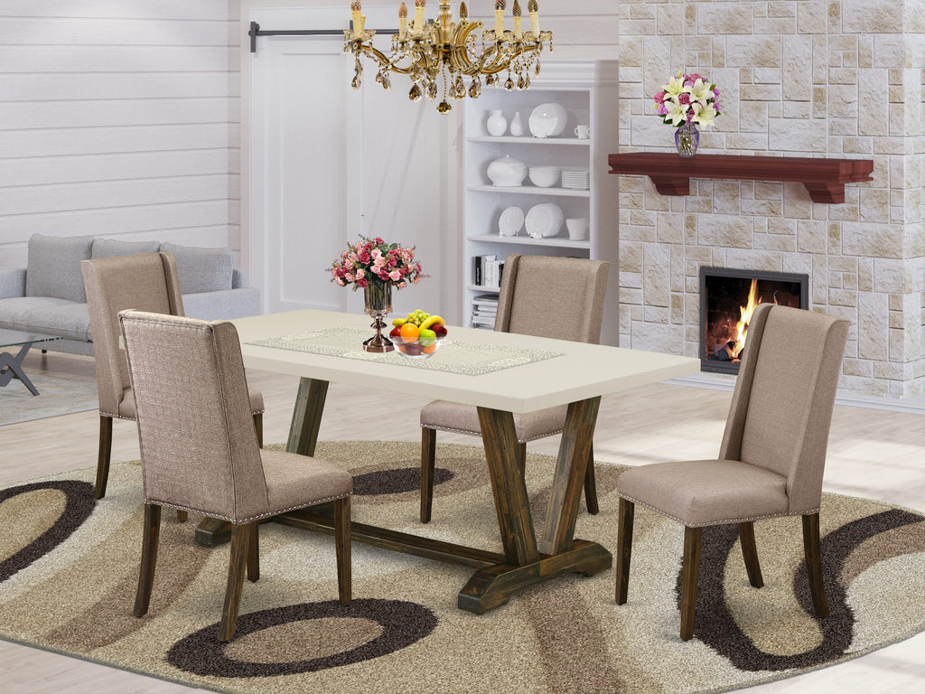 East West Furniture V727FL716-5 5 Piece Dining Room Furniture Set Includes a Rectangle Dining Table with V-Legs and 4 Dark Khaki Linen Fabric Upholstered Chairs, 40x72 Inch, Multi-Color