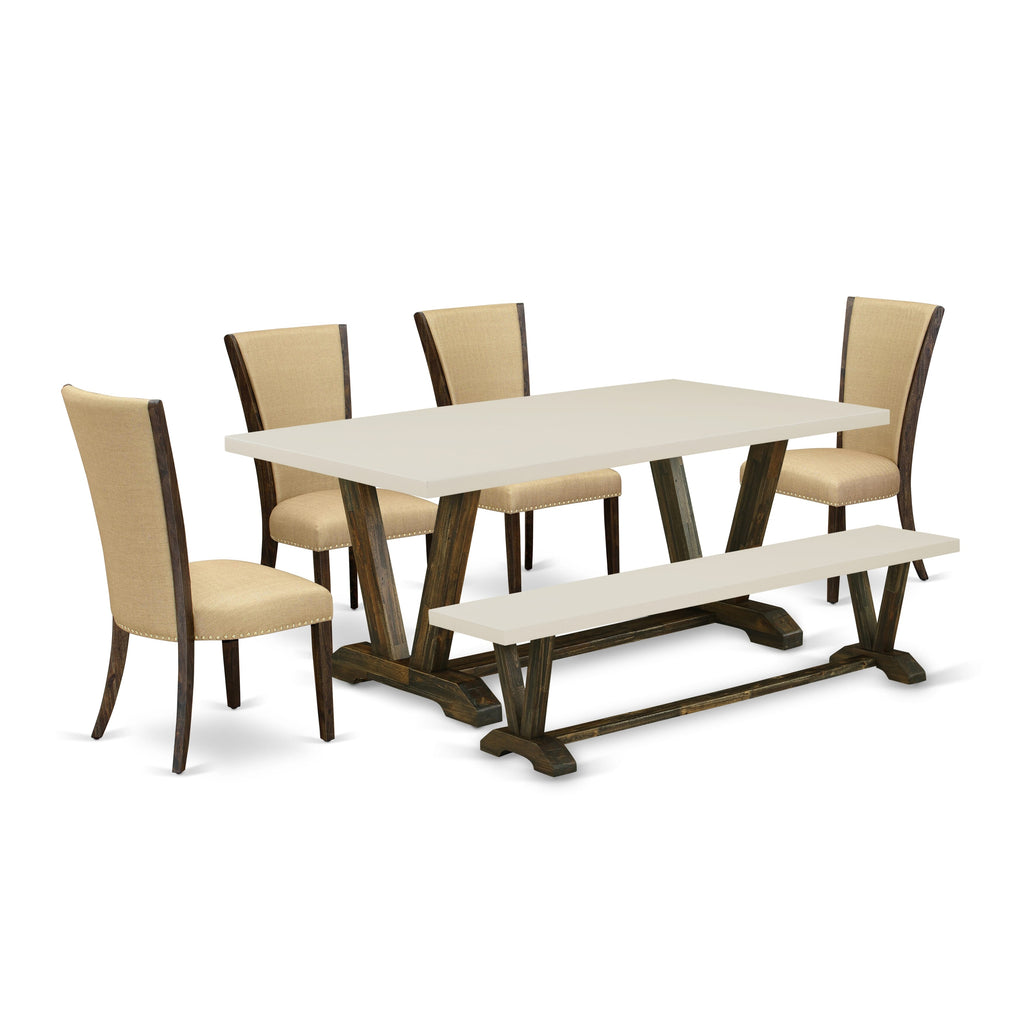 East West Furniture V727VE703-6 6 Piece Dining Room Table Set Contains a Rectangle Kitchen Table with V-Legs and 4 Brown Linen Fabric Parson Chairs with a Bench, 40x72 Inch, Multi-Color