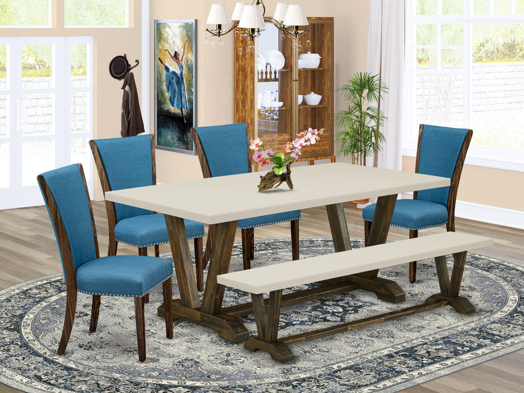 East West Furniture V727VE721-6 6 Piece Dining Table Set Contains a Rectangle Dining Room Table with V-Legs and 4 Blue Color Linen Fabric Parson Chairs with a Bench, 40x72 Inch, Multi-Color