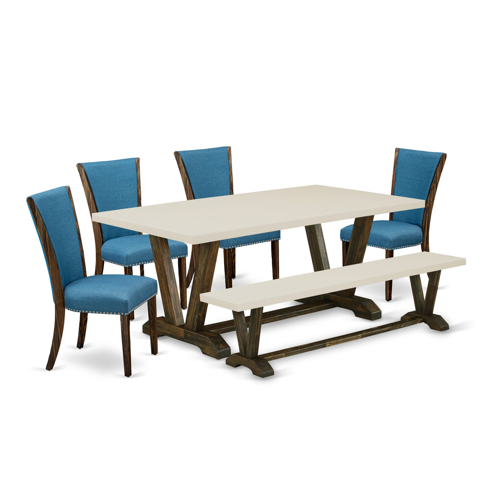 East West Furniture V727VE721-6 6 Piece Dining Table Set Contains a Rectangle Dining Room Table with V-Legs and 4 Blue Color Linen Fabric Parson Chairs with a Bench, 40x72 Inch, Multi-Color