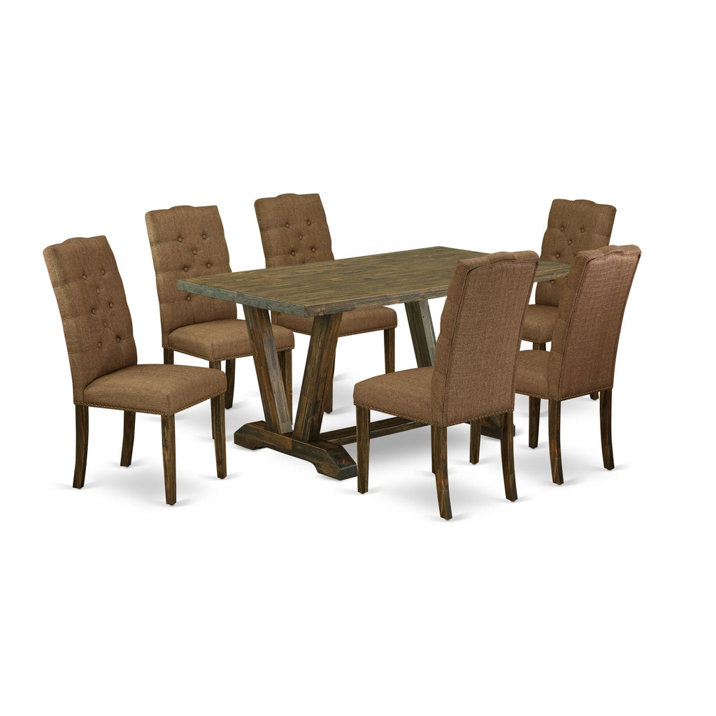 East West Furniture V776EL718-7 7 Piece Dining Room Table Set Consist of a Rectangle Dining Table with V-Legs and 6 Brown Linen Linen Fabric Upholstered Chairs, 36x60 Inch, Multi-Color