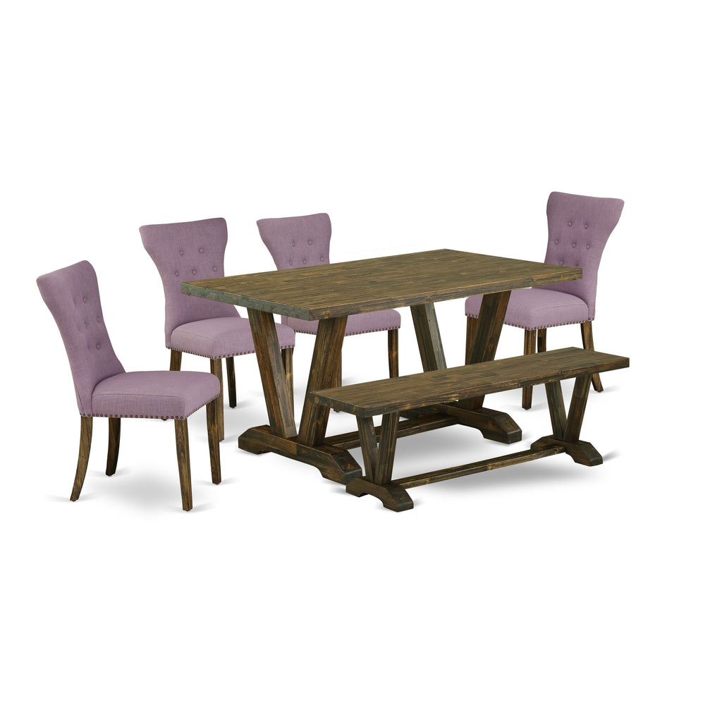 East West Furniture V776GA740-6 6 Piece Dining Room Table Set Contains a Rectangle Kitchen Table with V-Legs and 4 Dahlia Linen Fabric Parson Chairs with a Bench, 36x60 Inch, Multi-Color