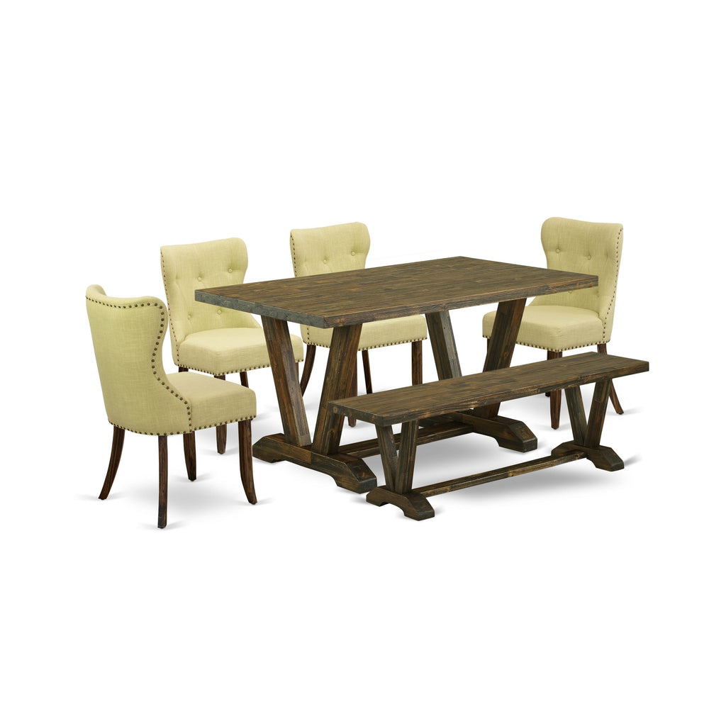 East West Furniture V776SI737-6 6 Piece Dining Table Set Contains a Rectangle Dining Room Table with V-Legs and 4 Limelight Linen Fabric Parson Chairs with a Bench, 36x60 Inch, Multi-Color