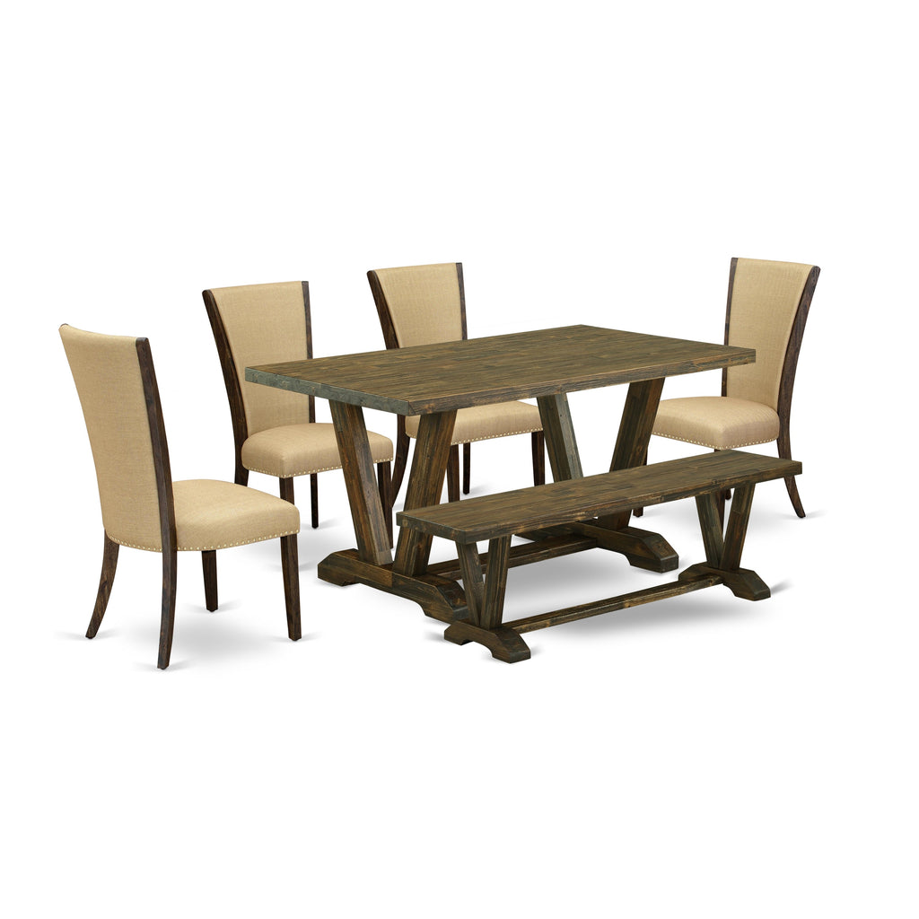 East West Furniture V776VE703-6 6 Piece Modern Dining Table Set Contains a Rectangle Wooden Table with V-Legs and 4 Brown Linen Fabric Parson Chairs with a Bench, 36x60 Inch, Multi-Color