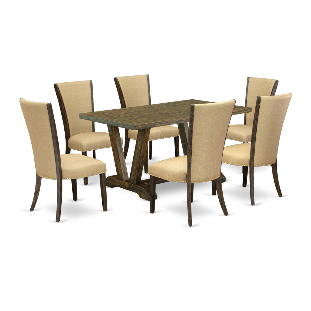 East West Furniture V776VE703-7 7 Piece Dining Table Set Consist of a Rectangle Dining Room Table with V-Legs and 6 Brown Linen Fabric Upholstered Chairs, 36x60 Inch, Multi-Color