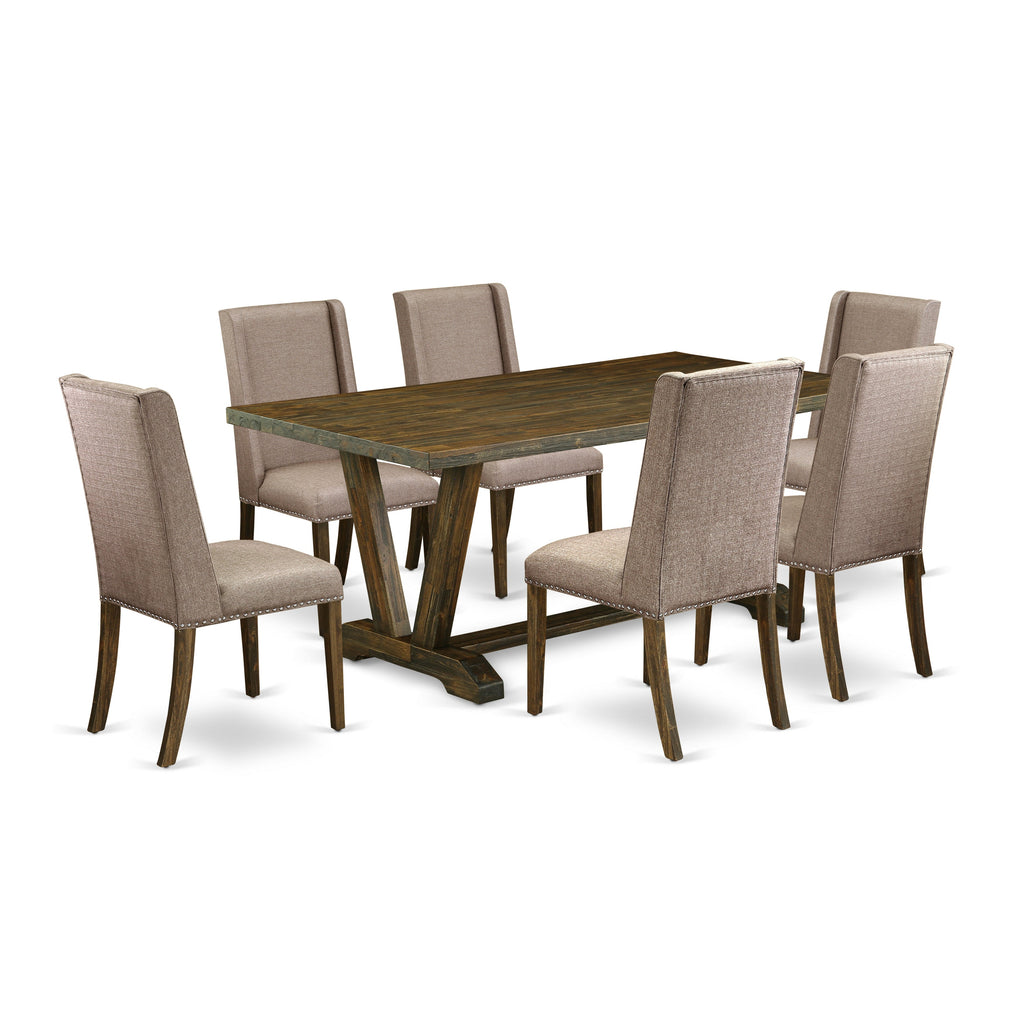 East West Furniture V777FL716-7 7 Piece Dining Room Table Set Consist of a Rectangle Kitchen Table with V-Legs and 6 Dark Khaki Linen Fabric Parsons Dining Chairs, 40x72 Inch, Multi-Color