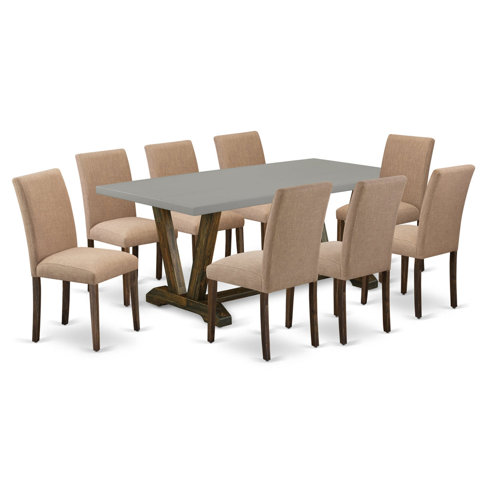 East West Furniture V797AB747-9 9 Piece Dining Table Set Includes a Rectangle Kitchen Table with V-Legs and 8 Light Sable Linen Fabric Upholstered Chairs, 40x72 Inch, Multi-Color