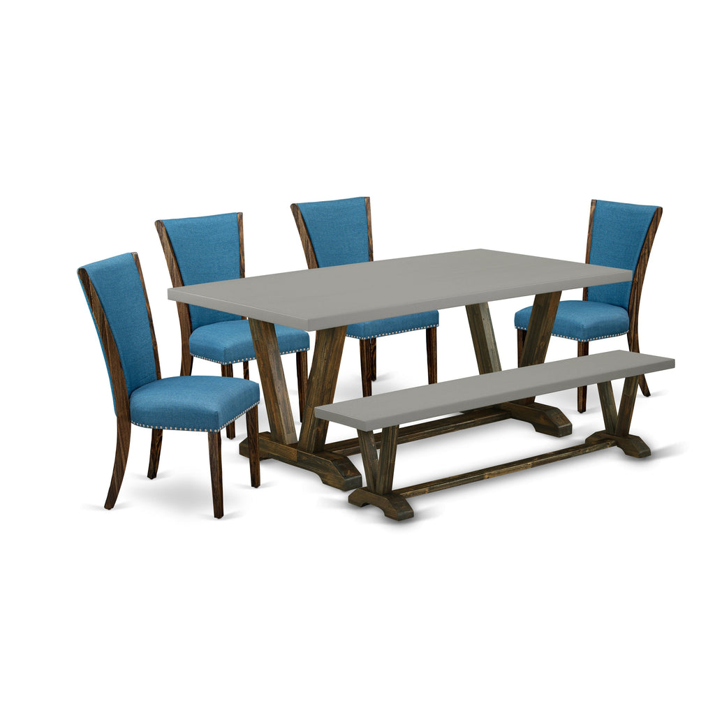 East West Furniture V797VE721-6 6 Piece Dinette Set Contains a Rectangle Dining Table with V-Legs and 4 Blue Color Linen Fabric Parson Chairs with a Bench, 40x72 Inch, Multi-Color