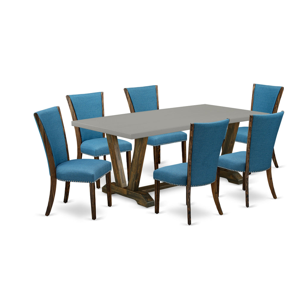 East West Furniture V797VE721-7 7 Piece Dining Table Set Consist of a Rectangle Dining Room Table with V-Legs and 6 Blue Color Linen Fabric Upholstered Chairs, 40x72 Inch, Multi-Color