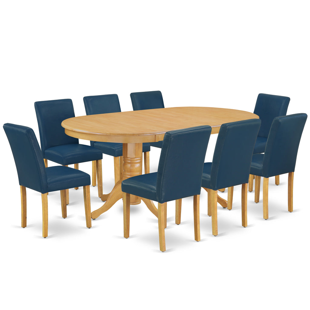 East West Furniture VAAB9-OAK-55 9 Piece Modern Dining Table Set Includes an Oval Wooden Table with Butterfly Leaf and 8 Oasis Blue Faux Leather Parson Dining Chairs, 40x76 Inch, Oak