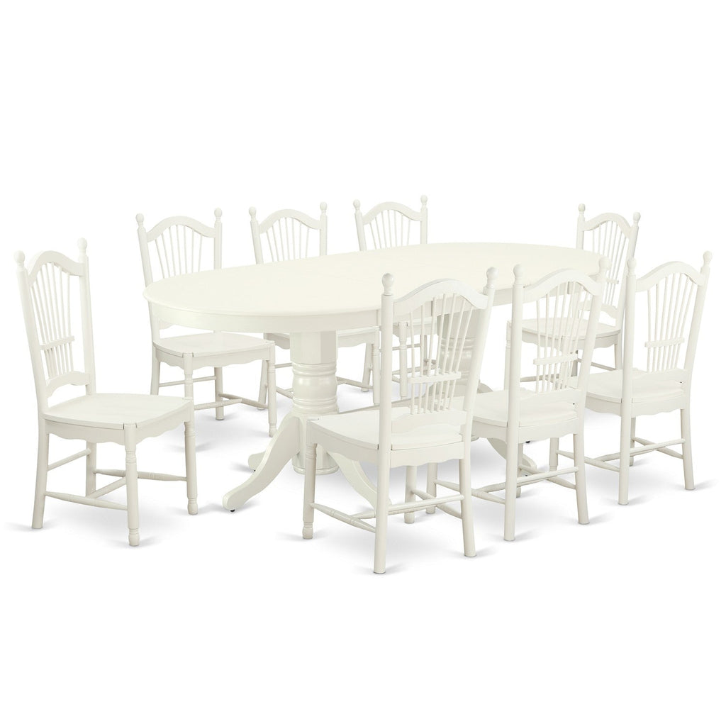 East West Furniture VADO9-LWH-W 9 Piece Dining Room Table Set Includes an Oval Wooden Table with Butterfly Leaf and 8 Kitchen Dining Chairs, 40x76 Inch, Linen White