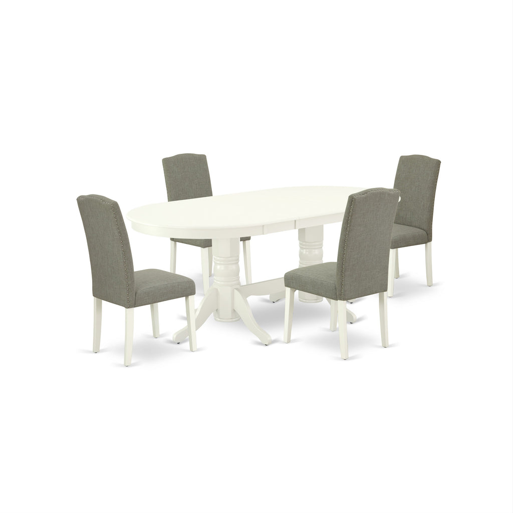 East West Furniture VAEN5-LWH-06 5 Piece Dining Table Set Includes an Oval Kitchen Table with Butterfly Leaf and 4 Dark Shitake Linen Fabric Parson Dining Chairs, 40x76 Inch, Linen White