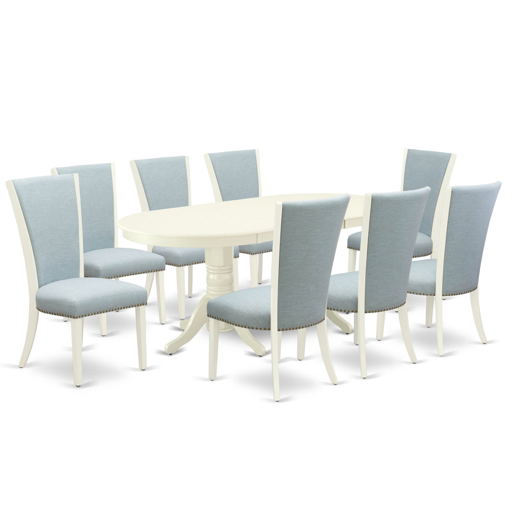 East West Furniture VAVE9-LWH-15 9 Piece Dining Table Set Includes an Oval Dinner Table with Butterfly Leaf and 8 Baby Blue Linen Fabric Parson Dining Chairs, 40x76 Inch, Linen White