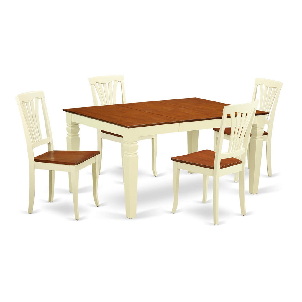 East West Furniture WEAV5-BMK-W 5 Piece Kitchen Table Set for 4 Includes a Rectangle Dining Room Table with Butterfly Leaf and 4 Dining Chairs, 42x60 Inch, Buttermilk & Cherry