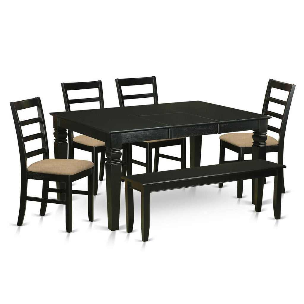 East West Furniture WEPF6D-BLK-C 6 Piece Dining Set Contains a Rectangle Dining Table with Butterfly Leaf and 4 Linen Fabric Upholstered Chairs with a Bench, 42x60 Inch, Black