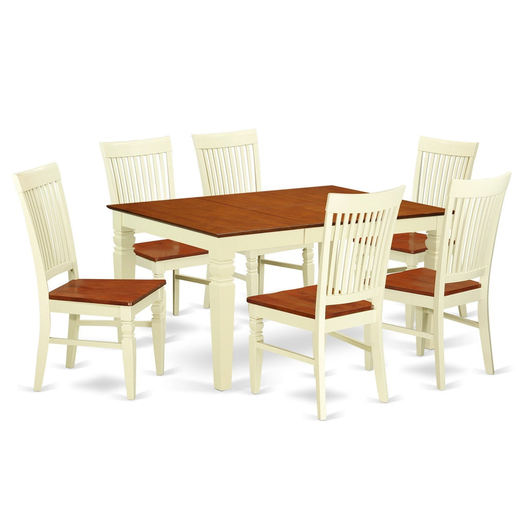 East West Furniture WEST7-BMK-W 7 Piece Kitchen Table Set Consist of a Rectangle Dining Table with Butterfly Leaf and 6 Dining Room Chairs, 42x60 Inch, Buttermilk & Cherry