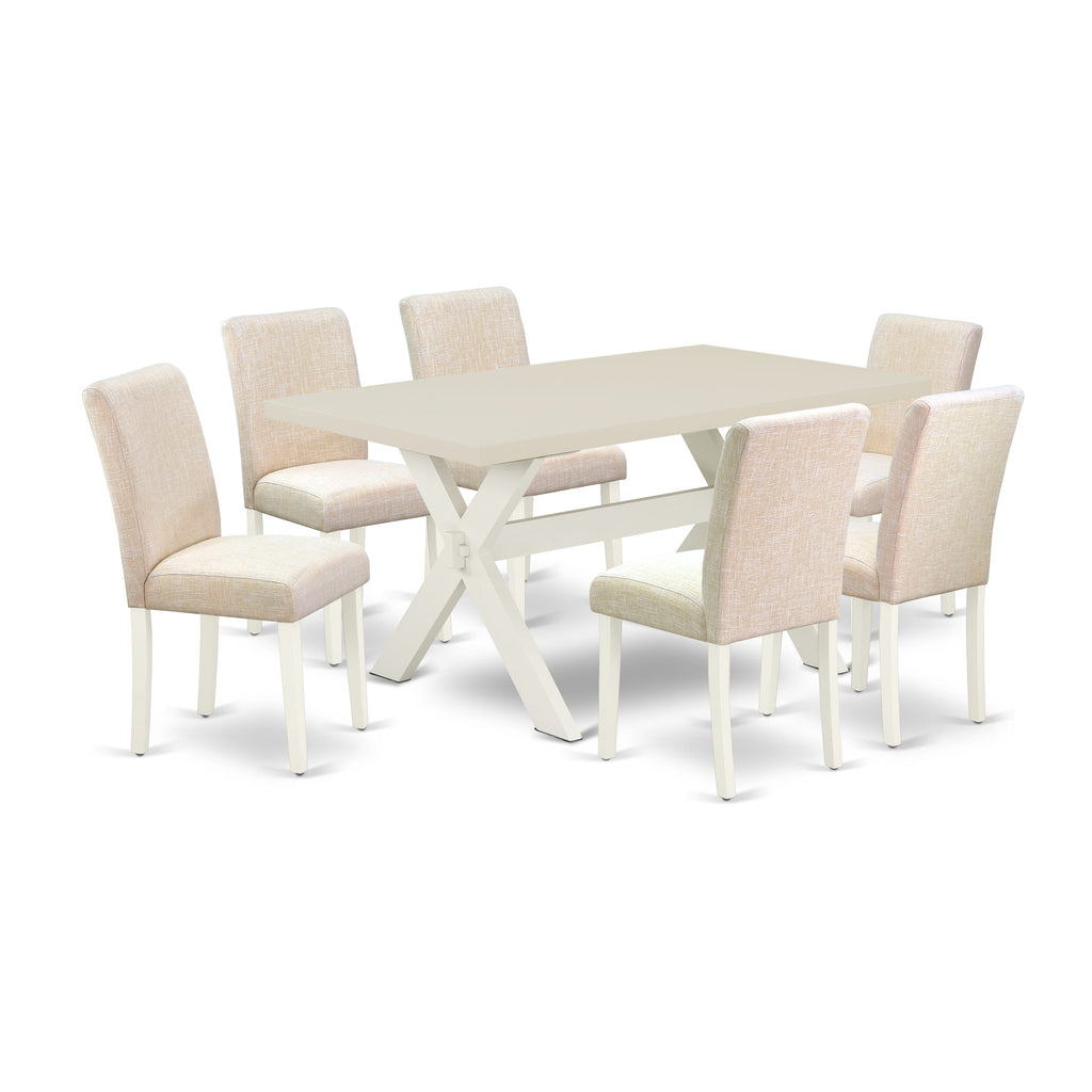 East West Furniture X026AB202-7 7 Piece Dining Room Furniture Set Consist of a Rectangle Dining Table with X-Legs and 6 Light Beige Linen Fabric Upholstered Chairs, 36x60 Inch, Multi-Color