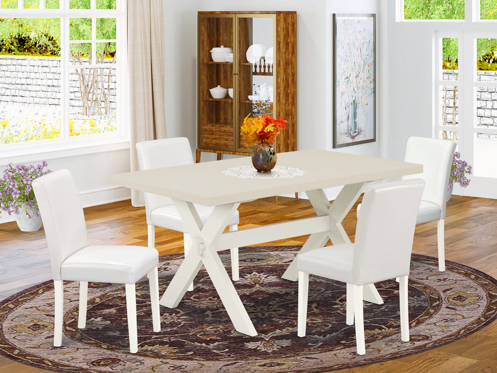 East West Furniture X026AB264-5 5 Piece Dining Set Includes a Rectangle Dining Room Table with X-Legs and 4 White Faux Leather Upholstered Parson Chairs, 36x60 Inch, Multi-Color