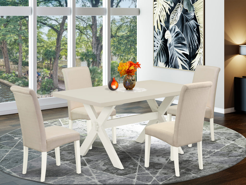 East West Furniture X026BA201-5 5 Piece Modern Dining Table Set Includes a Rectangle Wooden Table with X-Legs and 4 Cream Linen Fabric Upholstered Chairs, 36x60 Inch, Multi-Color