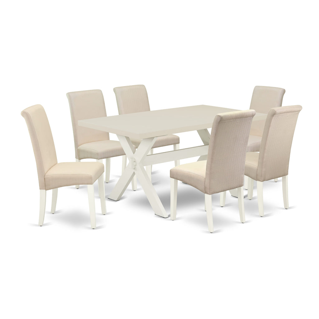 East West Furniture X026BA201-7 7 Piece Kitchen Table Set Consist of a Rectangle Dining Table with X-Legs and 6 Cream Linen Fabric Parson Dining Room Chairs, 36x60 Inch, Multi-Color