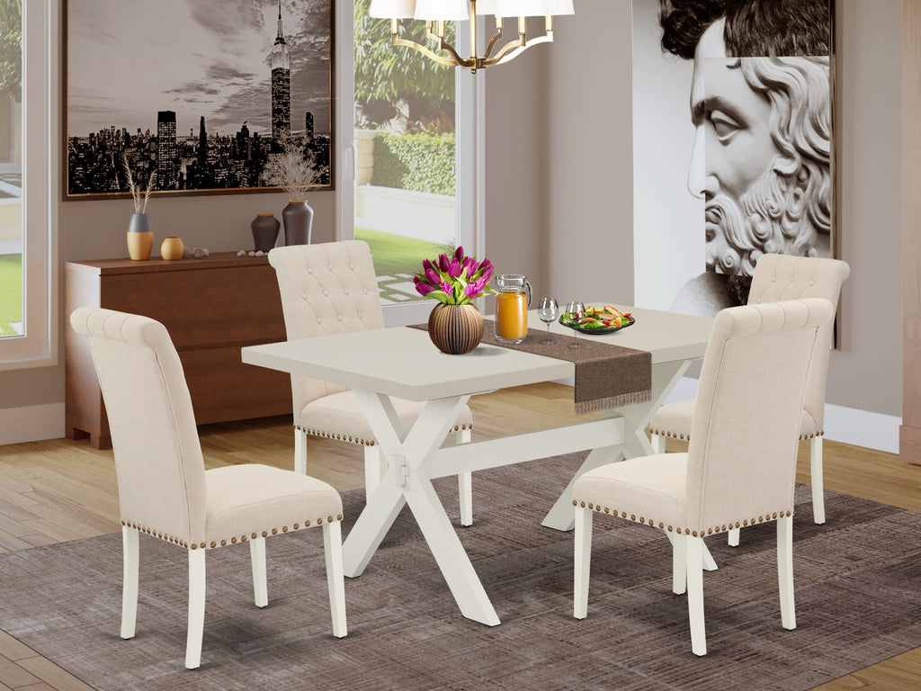 East West Furniture X026BR202-5 5 Piece Dining Room Table Set Includes a Rectangle Dining Table with X-Legs and 4 Light Beige Linen Fabric Upholstered Chairs, 36x60 Inch, Multi-Color