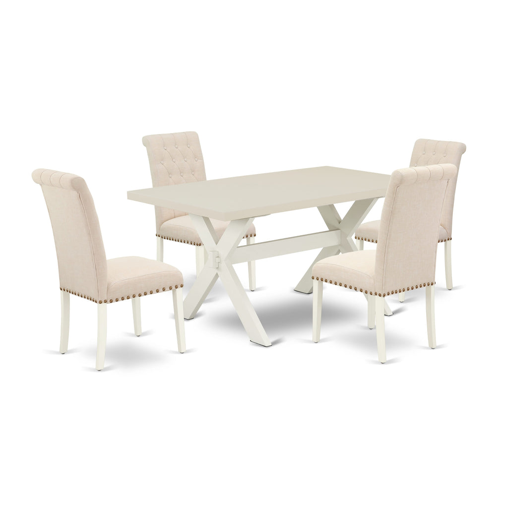 East West Furniture X026BR202-5 5 Piece Dining Room Table Set Includes a Rectangle Dining Table with X-Legs and 4 Light Beige Linen Fabric Upholstered Chairs, 36x60 Inch, Multi-Color