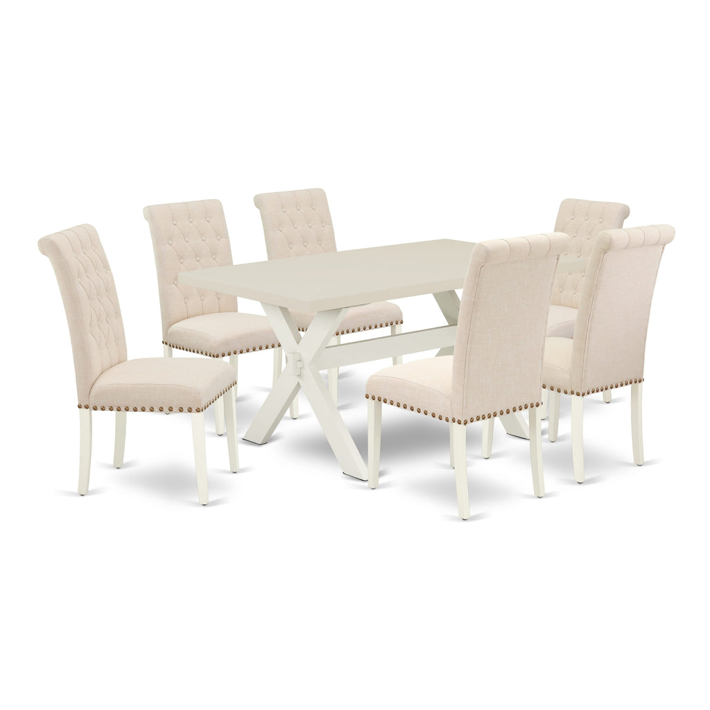 East West Furniture X026BR202-7 7 Piece Dining Table Set Consist of a Rectangle Dining Room Table with X-Legs and 6 Light Beige Linen Fabric Upholstered Chairs, 36x60 Inch, Multi-Color