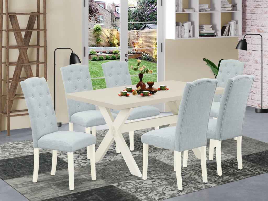 East West Furniture X026CE215-7 7 Piece Dining Set Consist of a Rectangle Dining Room Table with X-Legs and 6 Baby Blue Linen Fabric Upholstered Parson Chairs, 36x60 Inch, Multi-Color