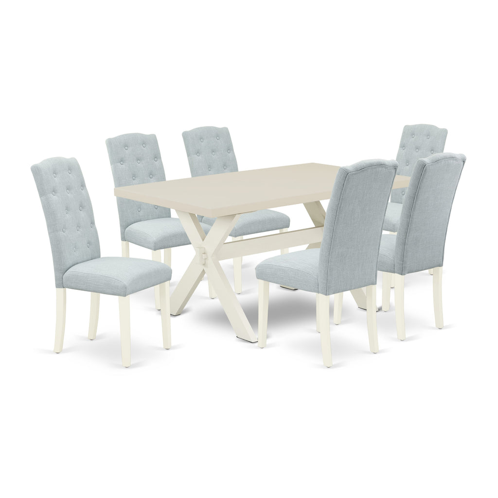 East West Furniture X026CE215-7 7 Piece Dining Set Consist of a Rectangle Dining Room Table with X-Legs and 6 Baby Blue Linen Fabric Upholstered Parson Chairs, 36x60 Inch, Multi-Color