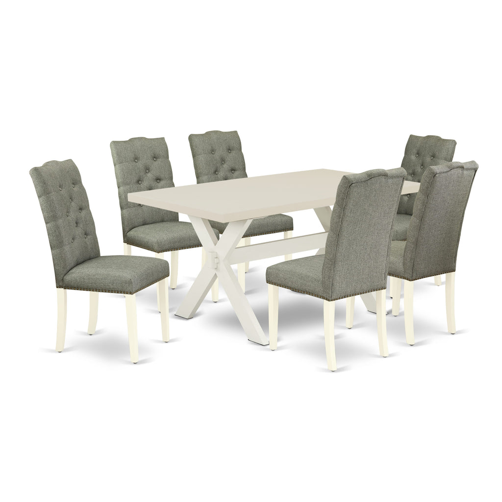 East West Furniture X026EL207-7 7 Piece Dining Table Set Consist of a Rectangle Dining Room Table with X-Legs and 6 Gray Linen Fabric Upholstered Chairs, 36x60 Inch, Multi-Color