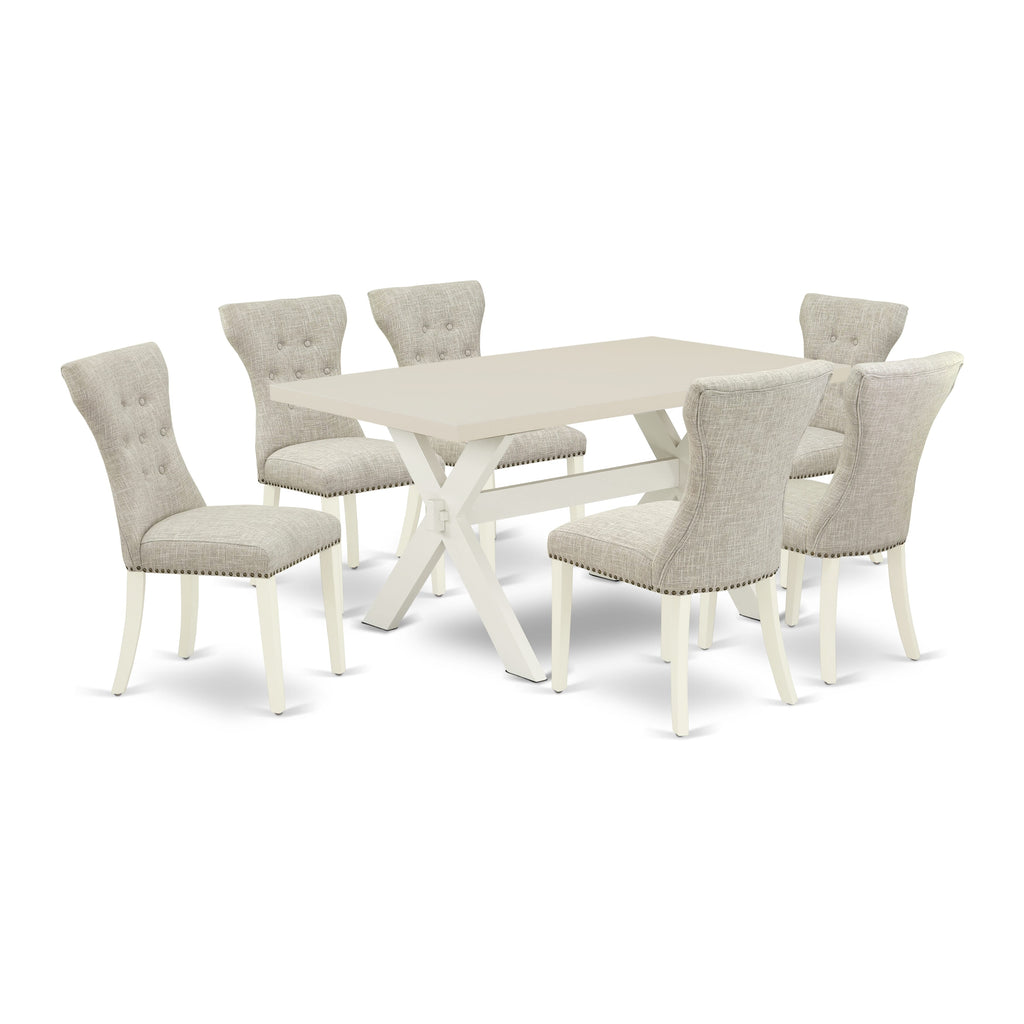 East West Furniture X026GA235-7 7 Piece Dinette Set Consist of a Rectangle Dining Room Table with X-Legs and 6 Doeskin Linen Fabric Upholstered Parson Chairs, 36x60 Inch, Multi-Color