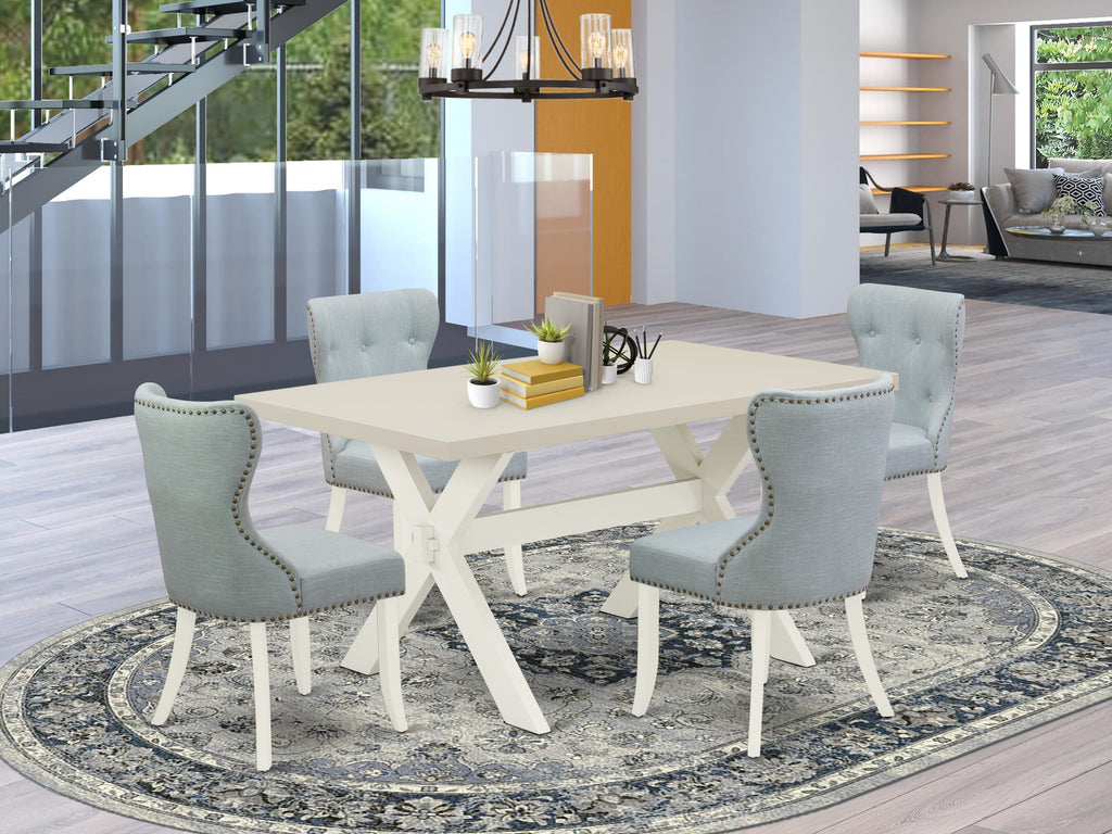 East West Furniture X026SI215-5 5 Piece Dining Room Furniture Set Includes a Rectangle Dining Table with X-Legs and 4 Baby Blue Linen Fabric Upholstered Chairs, 36x60 Inch, Multi-Color