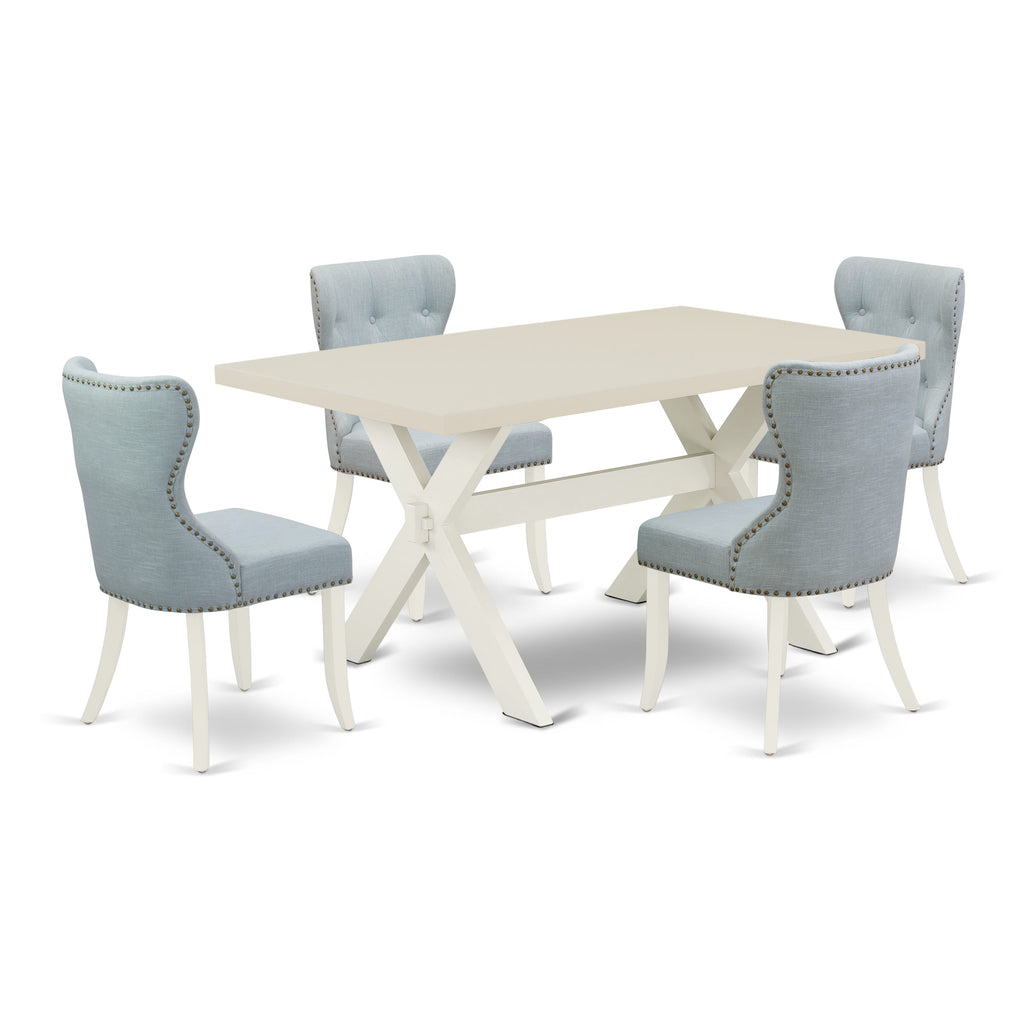 East West Furniture X026SI215-5 5 Piece Dining Room Furniture Set Includes a Rectangle Dining Table with X-Legs and 4 Baby Blue Linen Fabric Upholstered Chairs, 36x60 Inch, Multi-Color