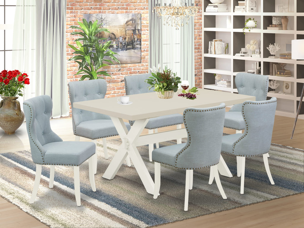 East West Furniture X026SI215-7 7 Piece Dinette Set Consist of a Rectangle Dining Table with X-Legs and 6 Baby Blue Linen Fabric Parson Dining Room Chairs, 36x60 Inch, Multi-Color