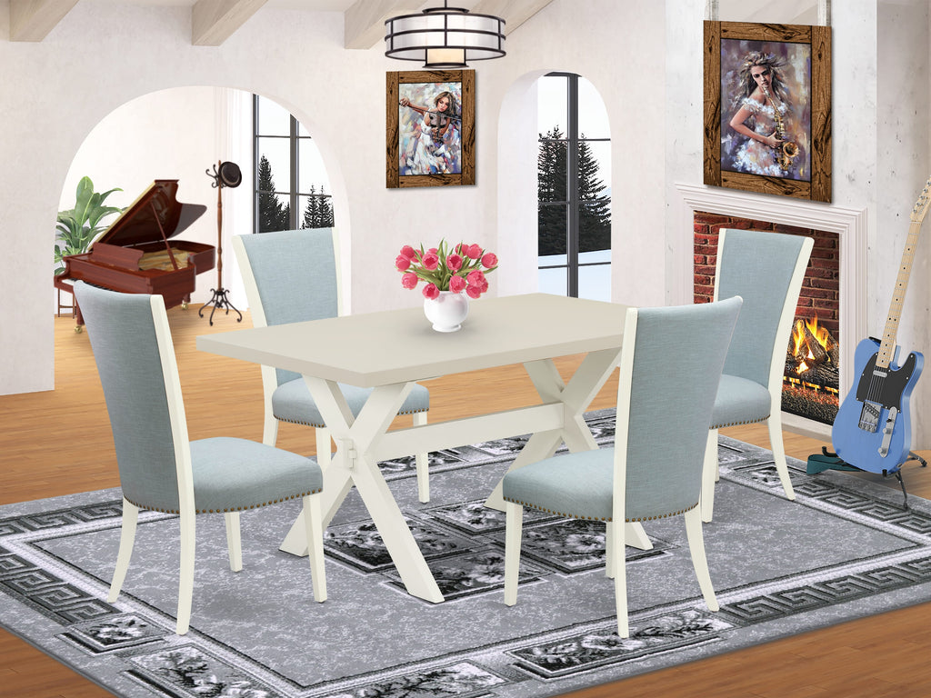 East West Furniture X026VE215-5 5 Piece Kitchen Table & Chairs Set Includes a Rectangle Dining Room Table with X-Legs and 4 Baby Blue Linen Fabric Parsons Chairs, 36x60 Inch, Multi-Color