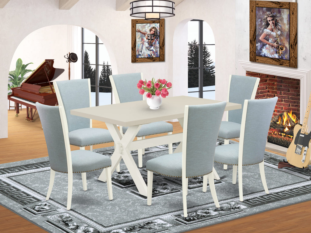 East West Furniture X026VE215-7 7 Piece Dining Table Set Consist of a Rectangle Dining Room Table with X-Legs and 6 Baby Blue Linen Fabric Upholstered Chairs, 36x60 Inch, Multi-Color