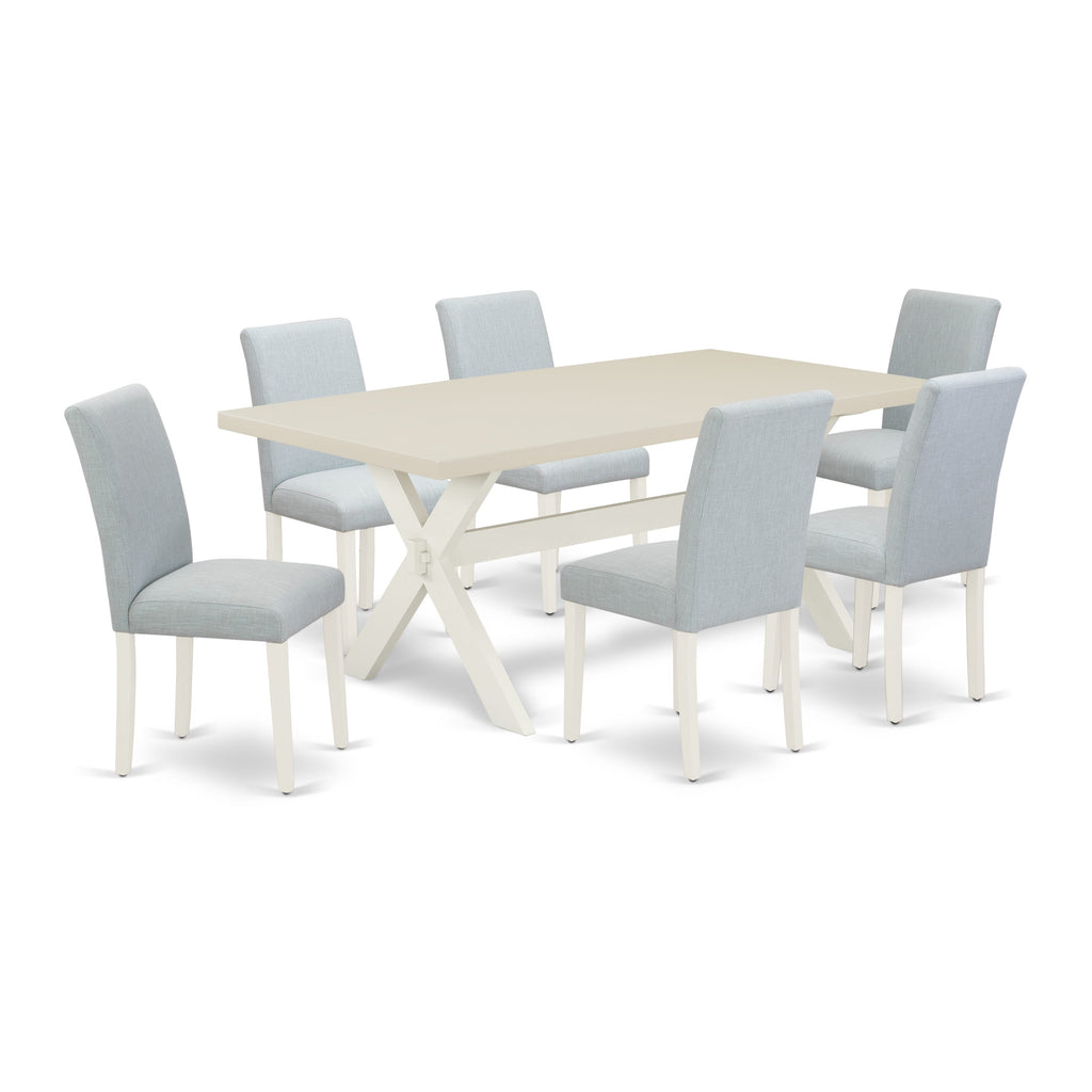 East West Furniture X027AB015-7 7 Piece Dining Table Set Consist of a Rectangle Dining Room Table with X-Legs and 6 Baby Blue Linen Fabric Upholstered Chairs, 40x72 Inch, Multi-Color