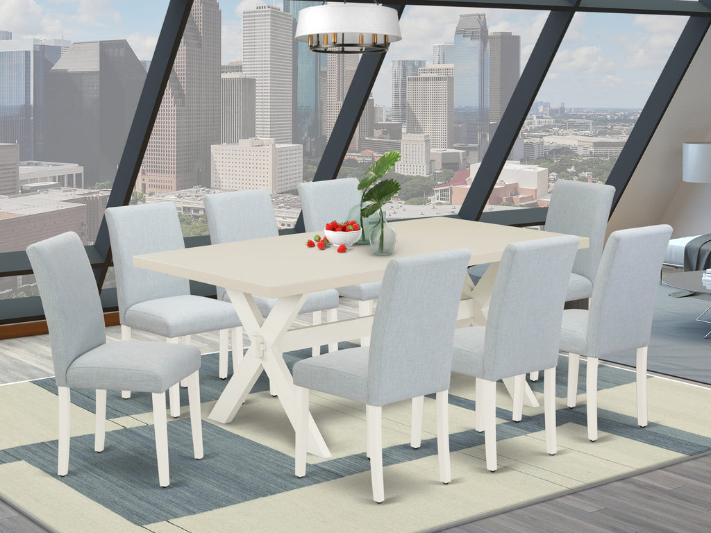 East West Furniture X027AB015-9 9 Piece Dining Set Includes a Rectangle Dining Room Table with X-Legs and 8 Baby Blue Linen Fabric Upholstered Chairs, 40x72 Inch, Multi-Color