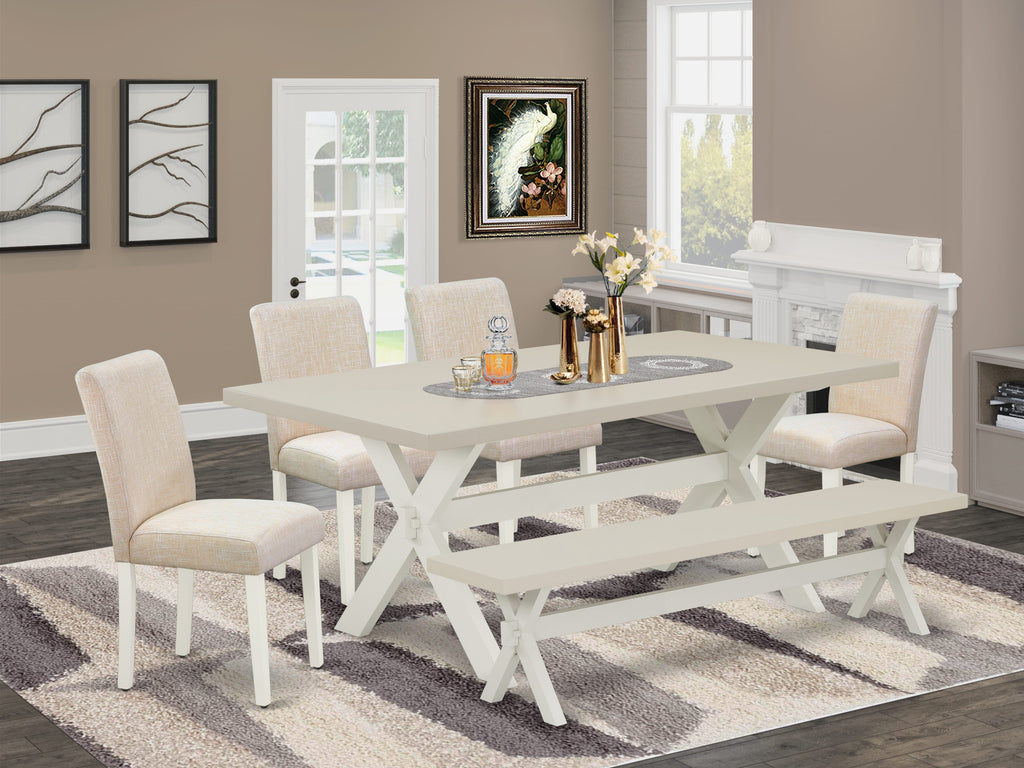East West Furniture X027AB202-6 6 Piece Dining Set Contains a Rectangle Dining Room Table with X-Legs and 4 Light Beige Linen Fabric Parson Chairs with a Bench, 40x72 Inch, Multi-Color