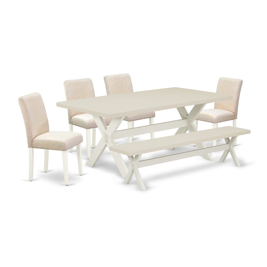 East West Furniture X027AB202-6 6 Piece Dining Set Contains a Rectangle Dining Room Table with X-Legs and 4 Light Beige Linen Fabric Parson Chairs with a Bench, 40x72 Inch, Multi-Color